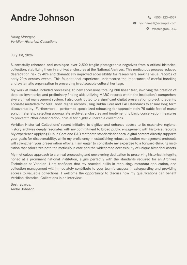 Archives Technician cover letter example preview