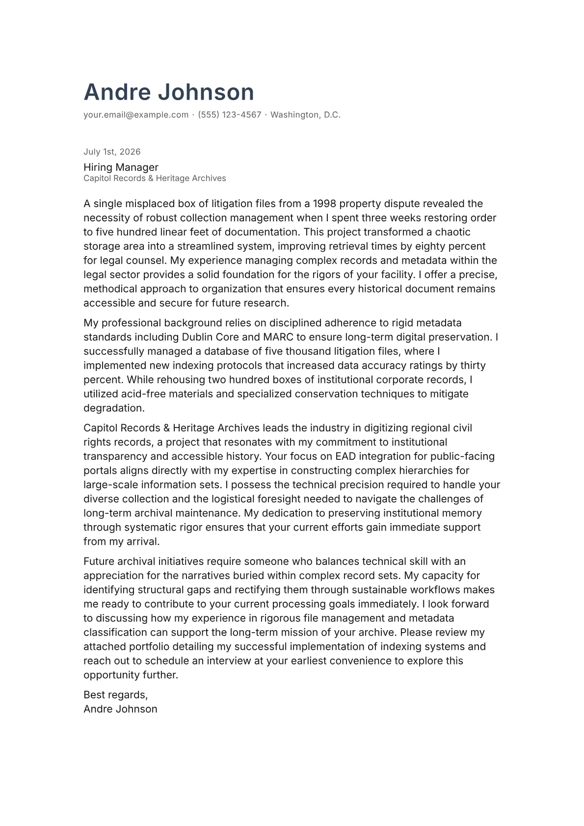 Archives Technician cover letter in the Minimal design