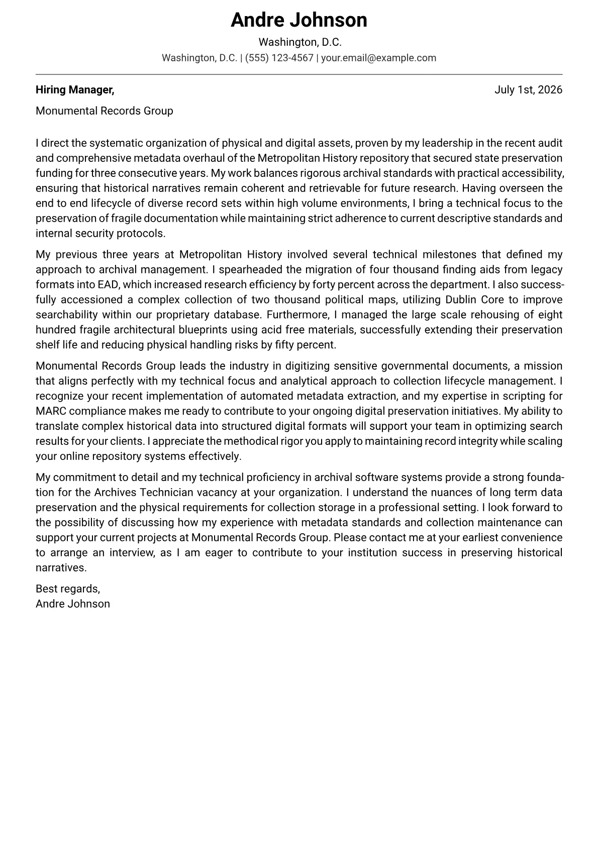 Archives Technician cover letter in the Modern design