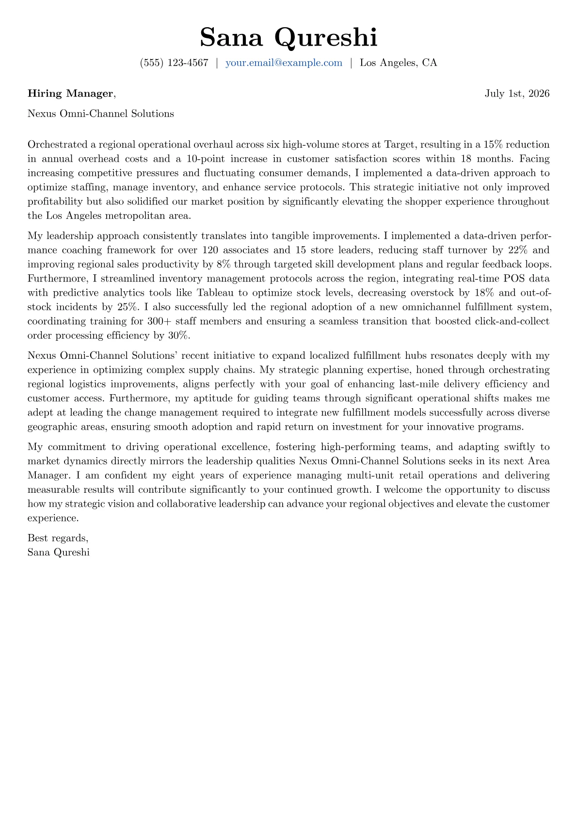 Area Manager cover letter formatted with a JobSprout template