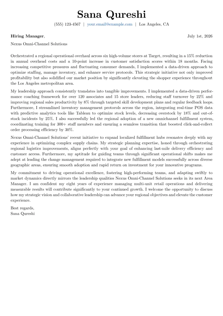 Area Manager Cover Letter Example