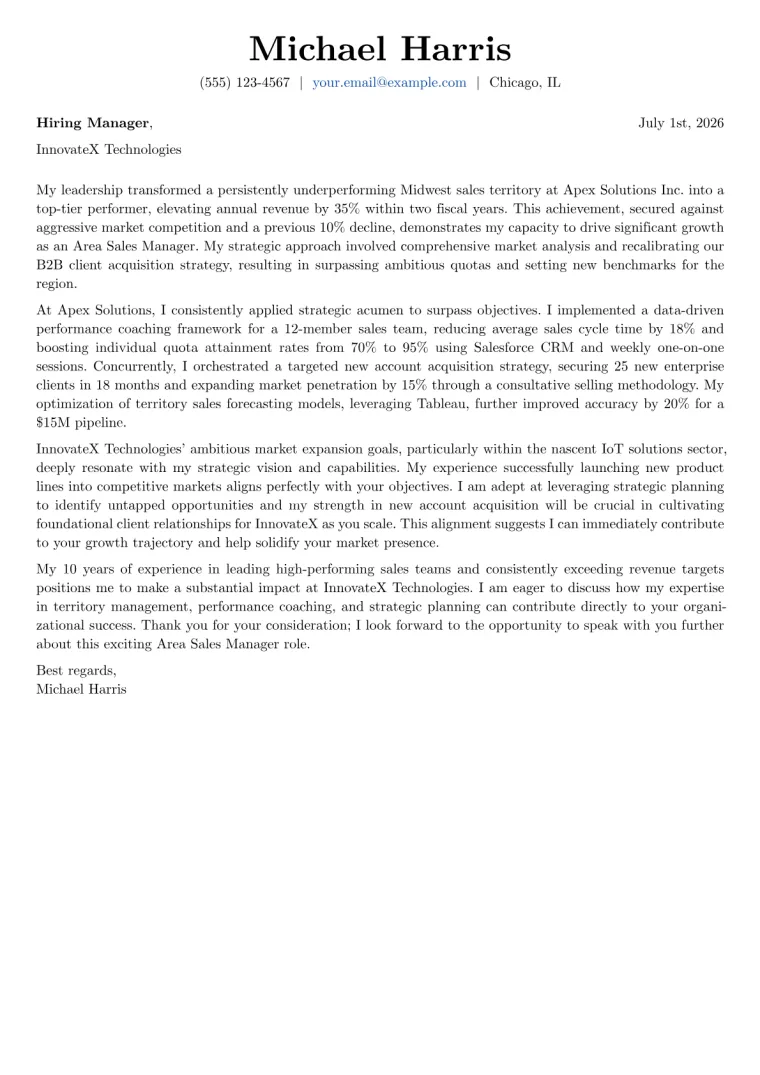 Area Sales Manager Cover Letter Example