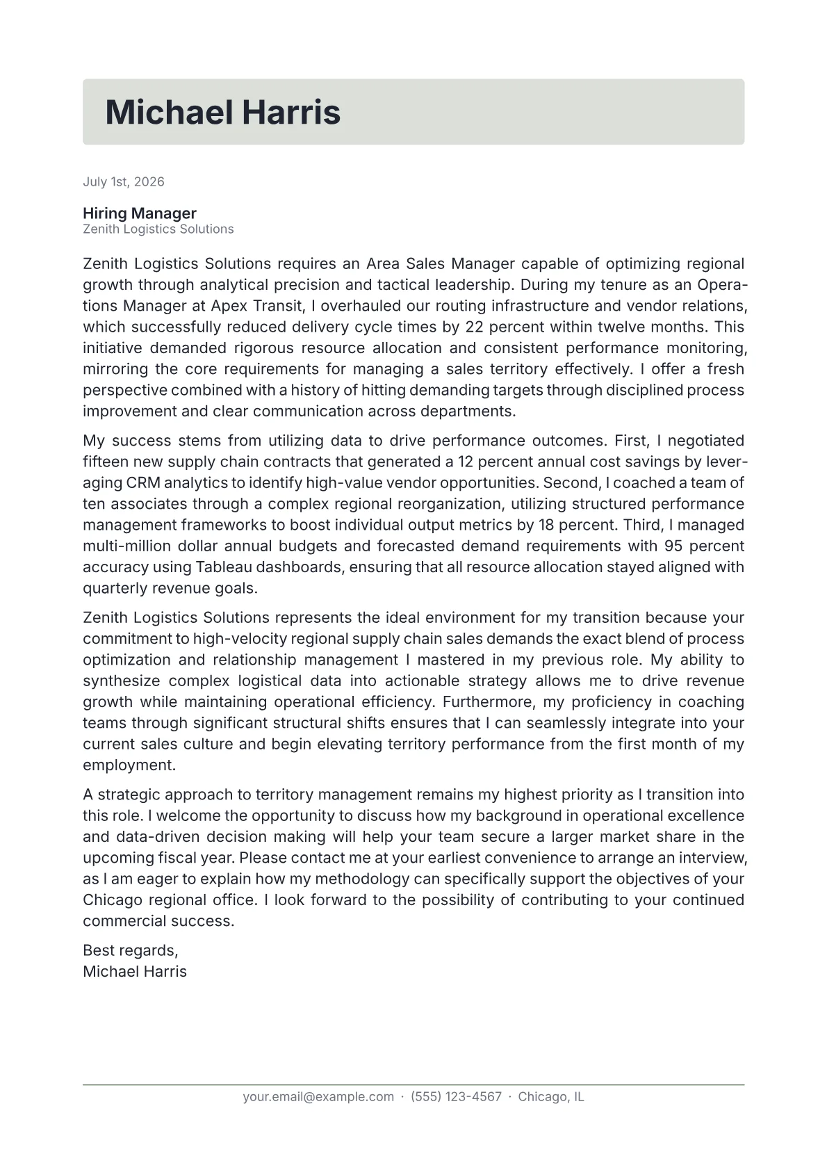 Area Sales Manager cover letter in the Letterhead design