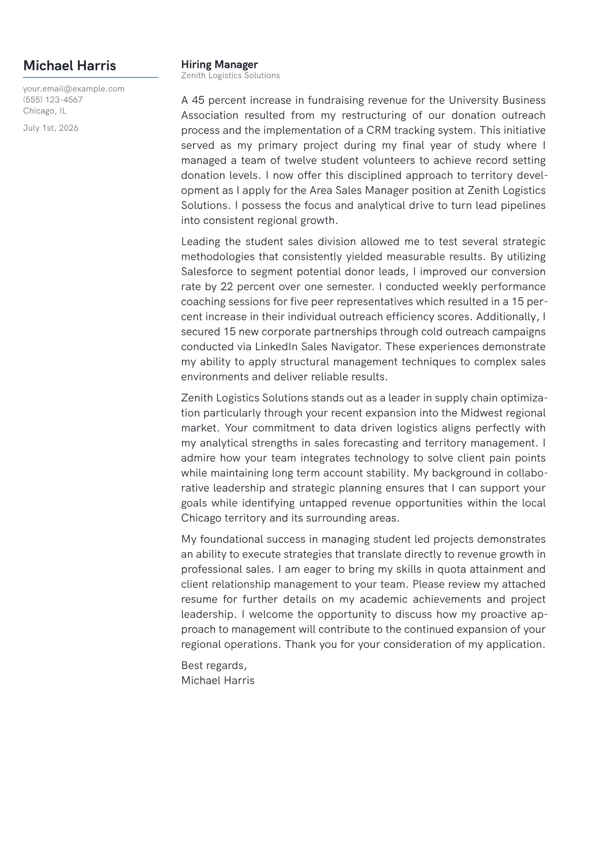 Area Sales Manager cover letter in the Margin design