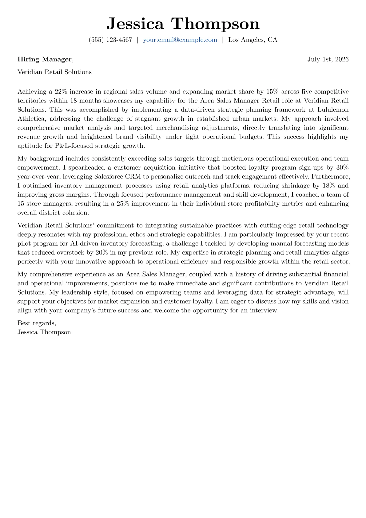 Area Sales Manager Retail cover letter formatted with a JobSprout template