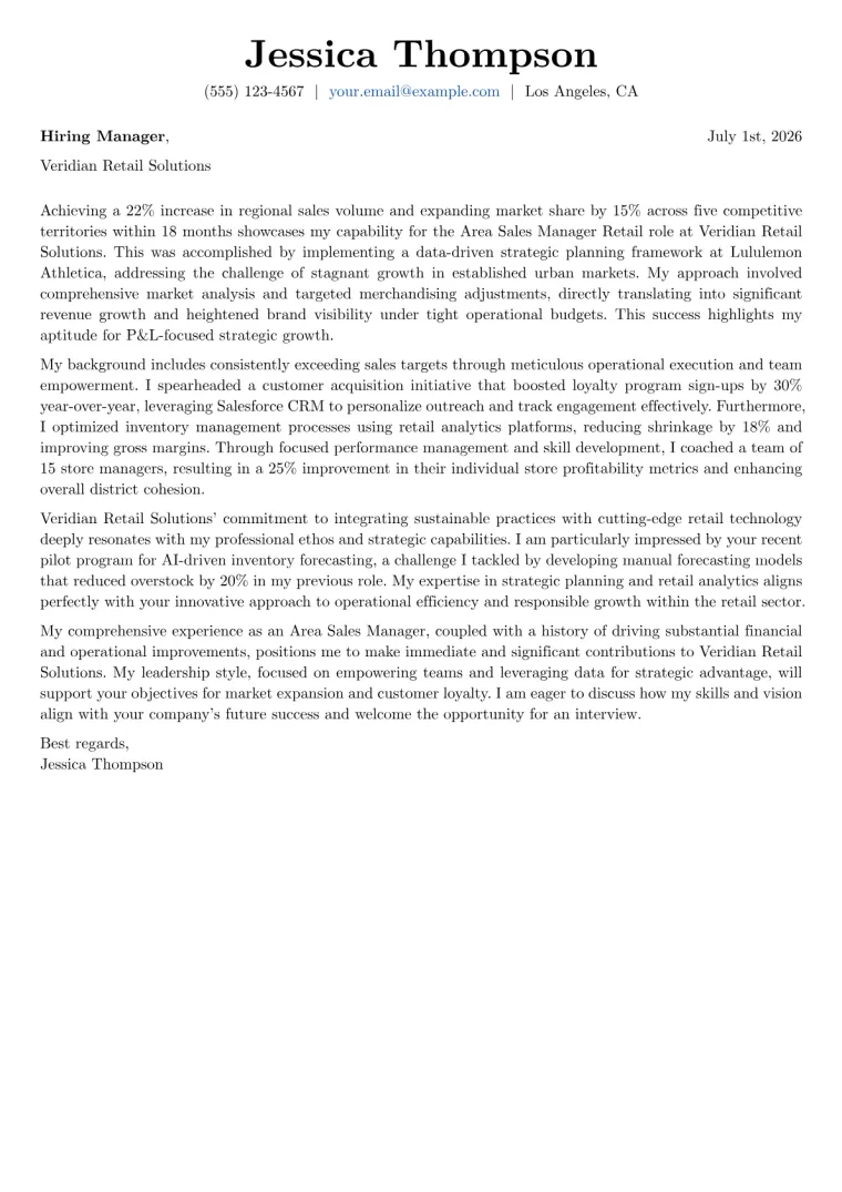 Area Sales Manager Retail cover letter example preview