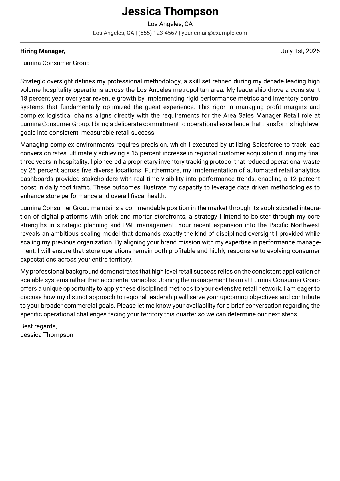 Area Sales Manager Retail cover letter in the Modern design