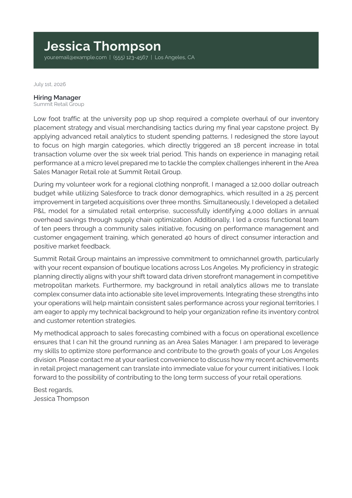 Area Sales Manager Retail cover letter in the Banner design