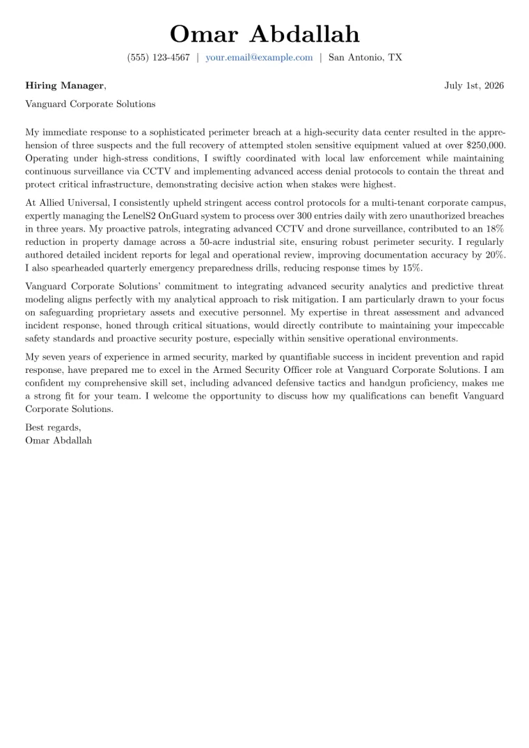Armed Security Officer cover letter example