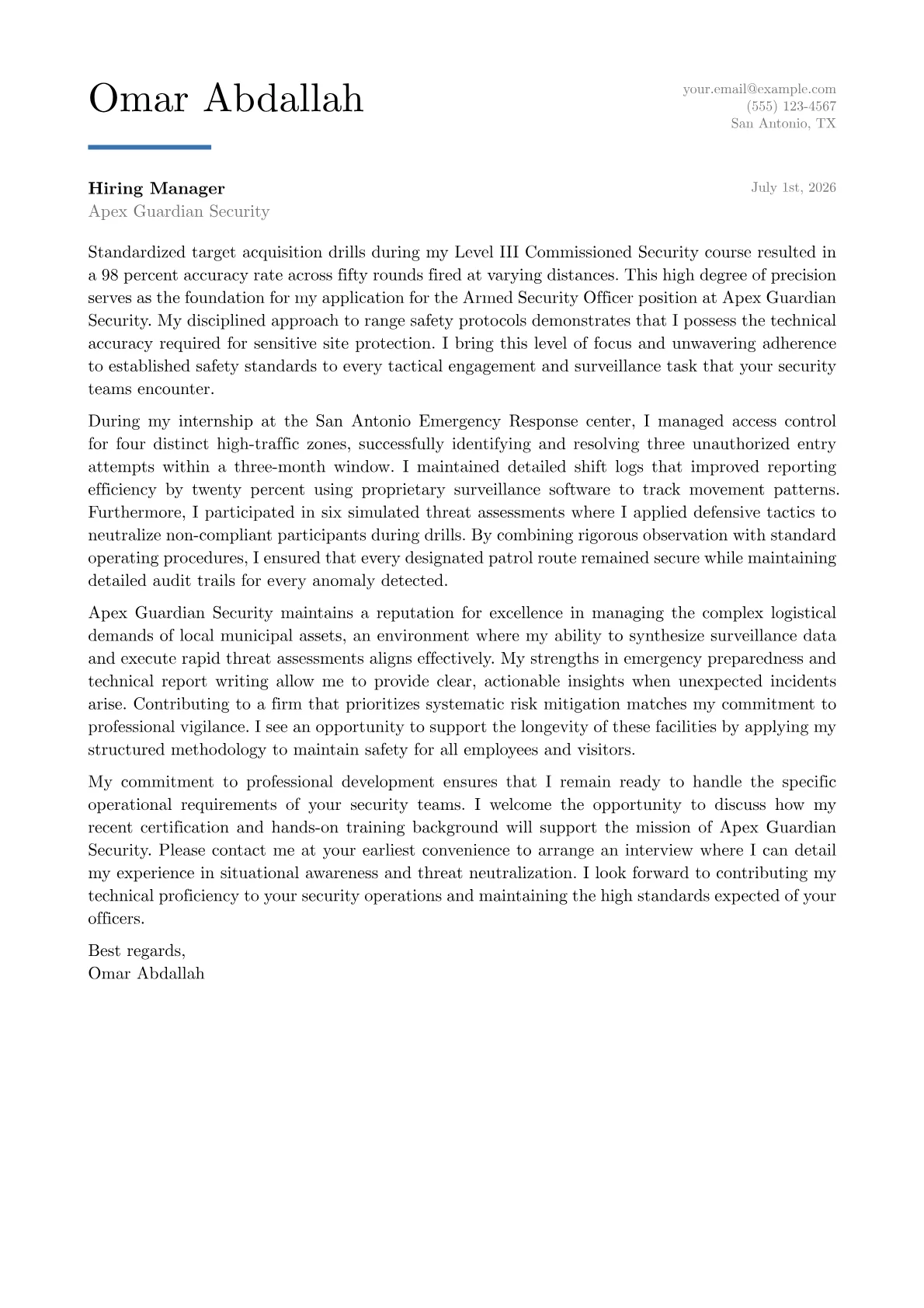 Armed Security Officer cover letter in the Executive design
