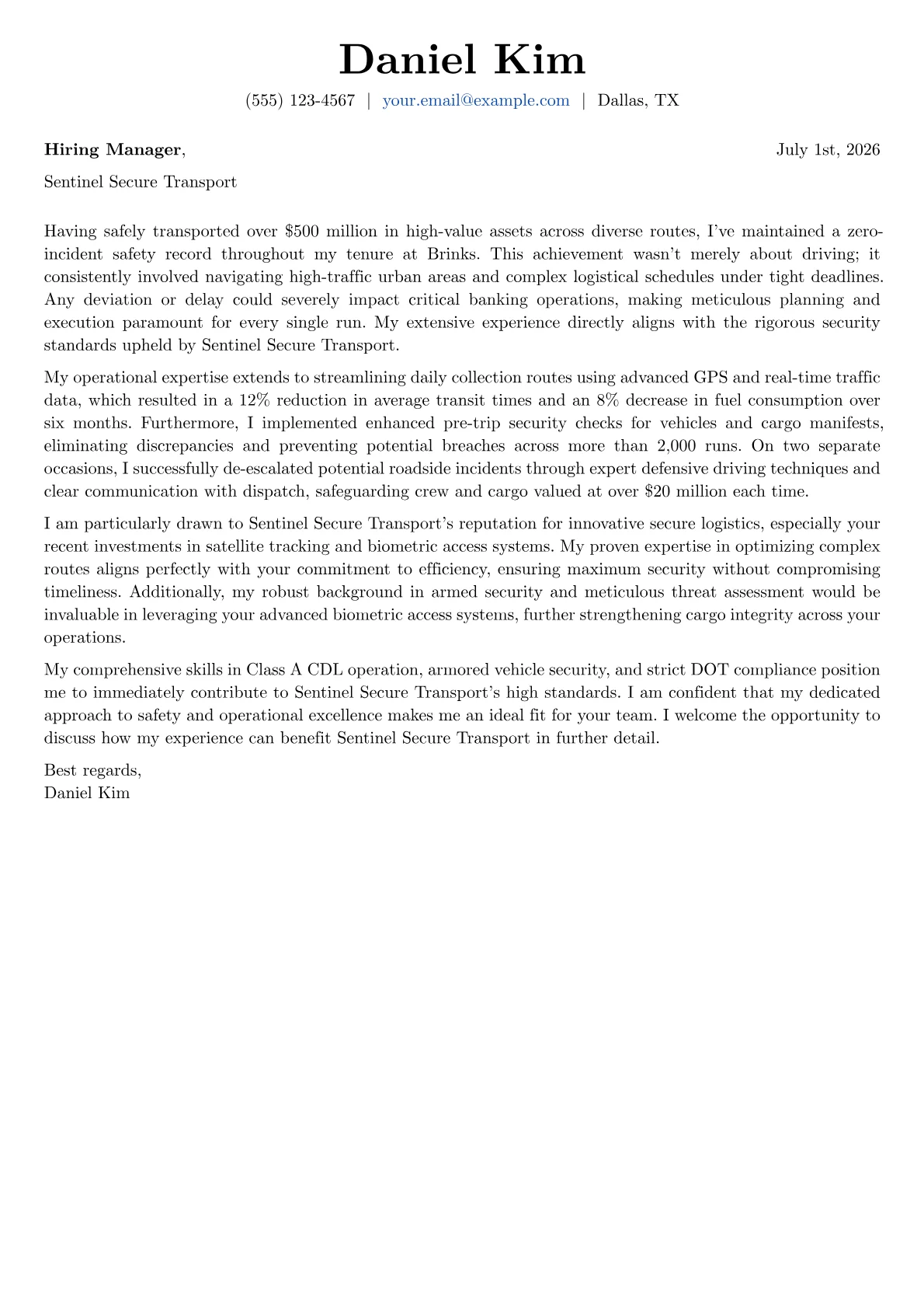 Armored Truck Driver cover letter formatted with a JobSprout template