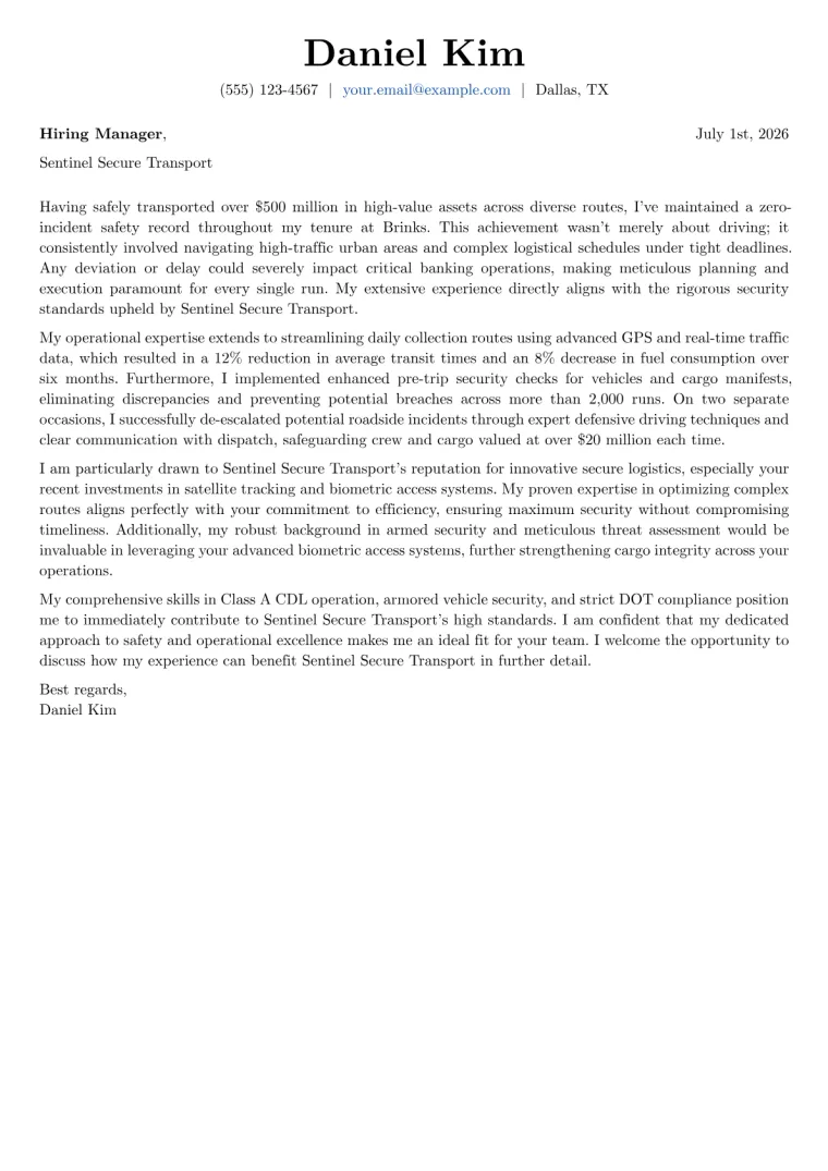 Armored Truck Driver cover letter example preview