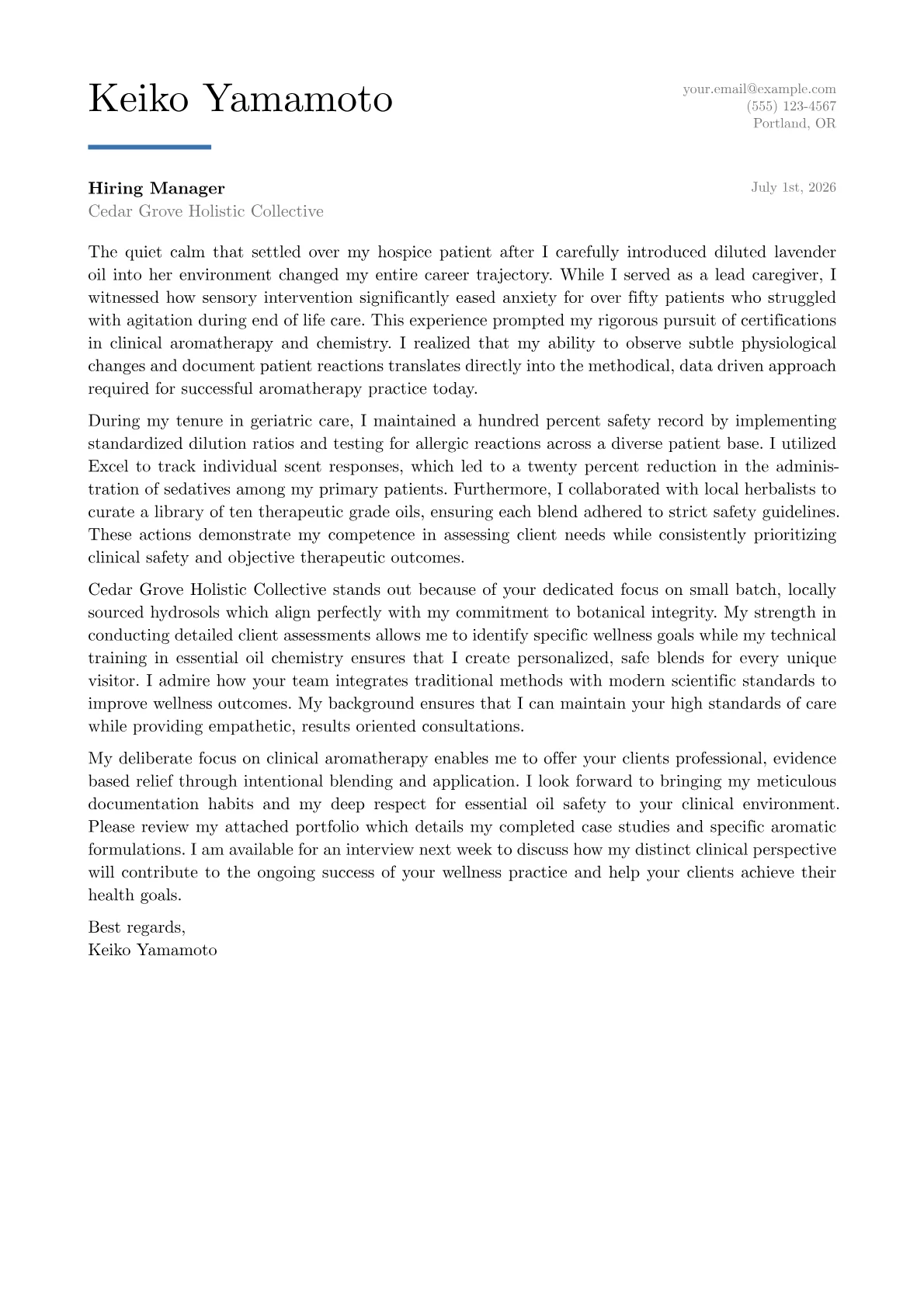 Aromatherapist cover letter in the Executive design