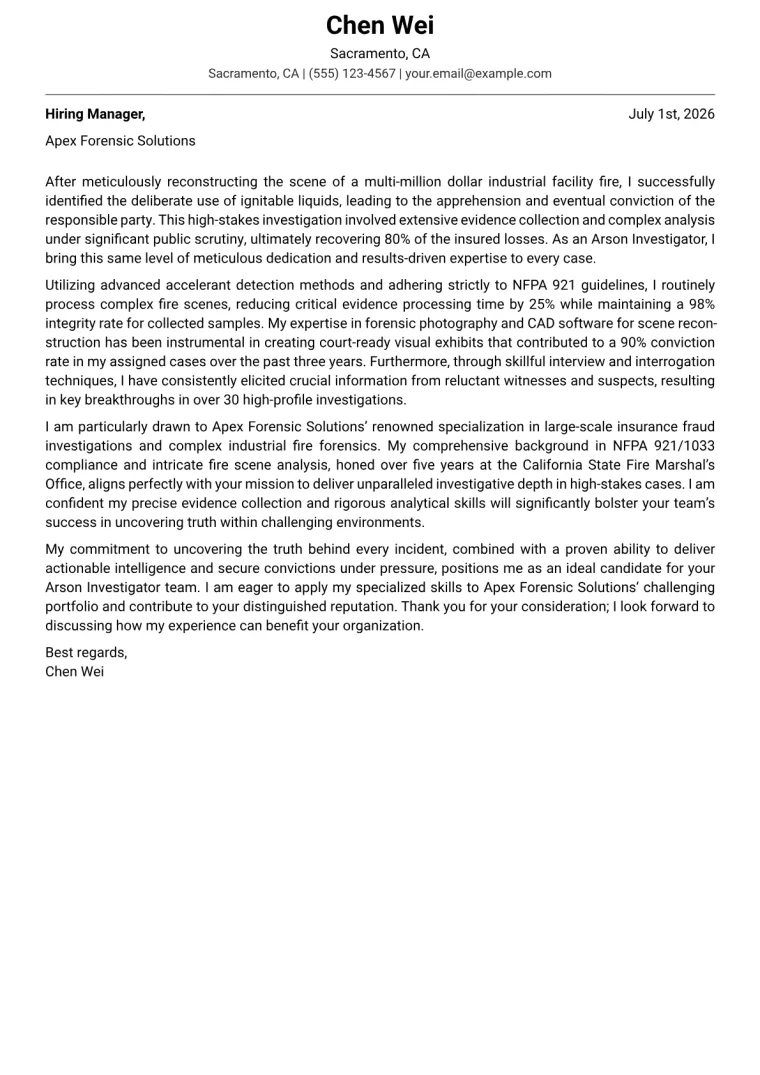 Arson Investigator cover letter example preview