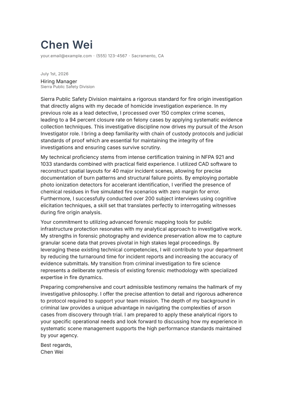 Arson Investigator cover letter in the Minimal design