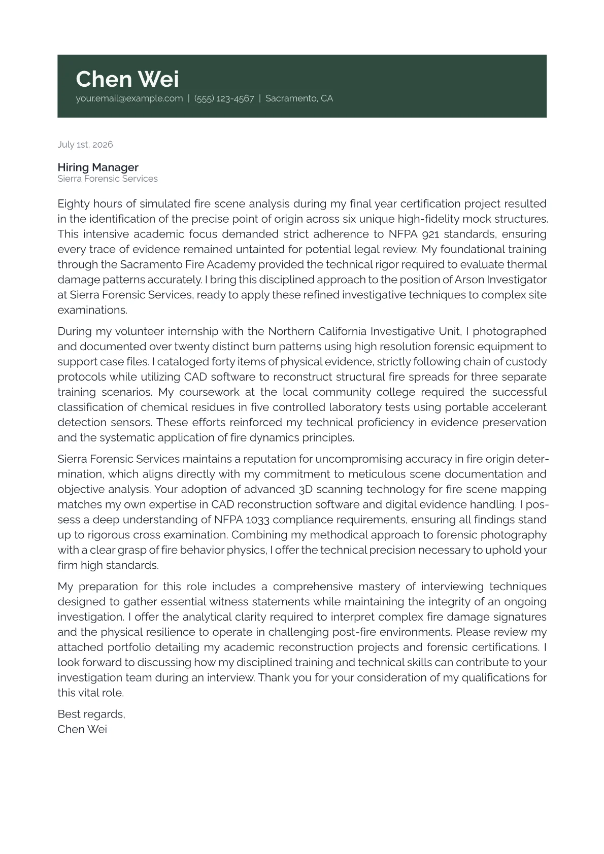 Arson Investigator cover letter in the Banner design
