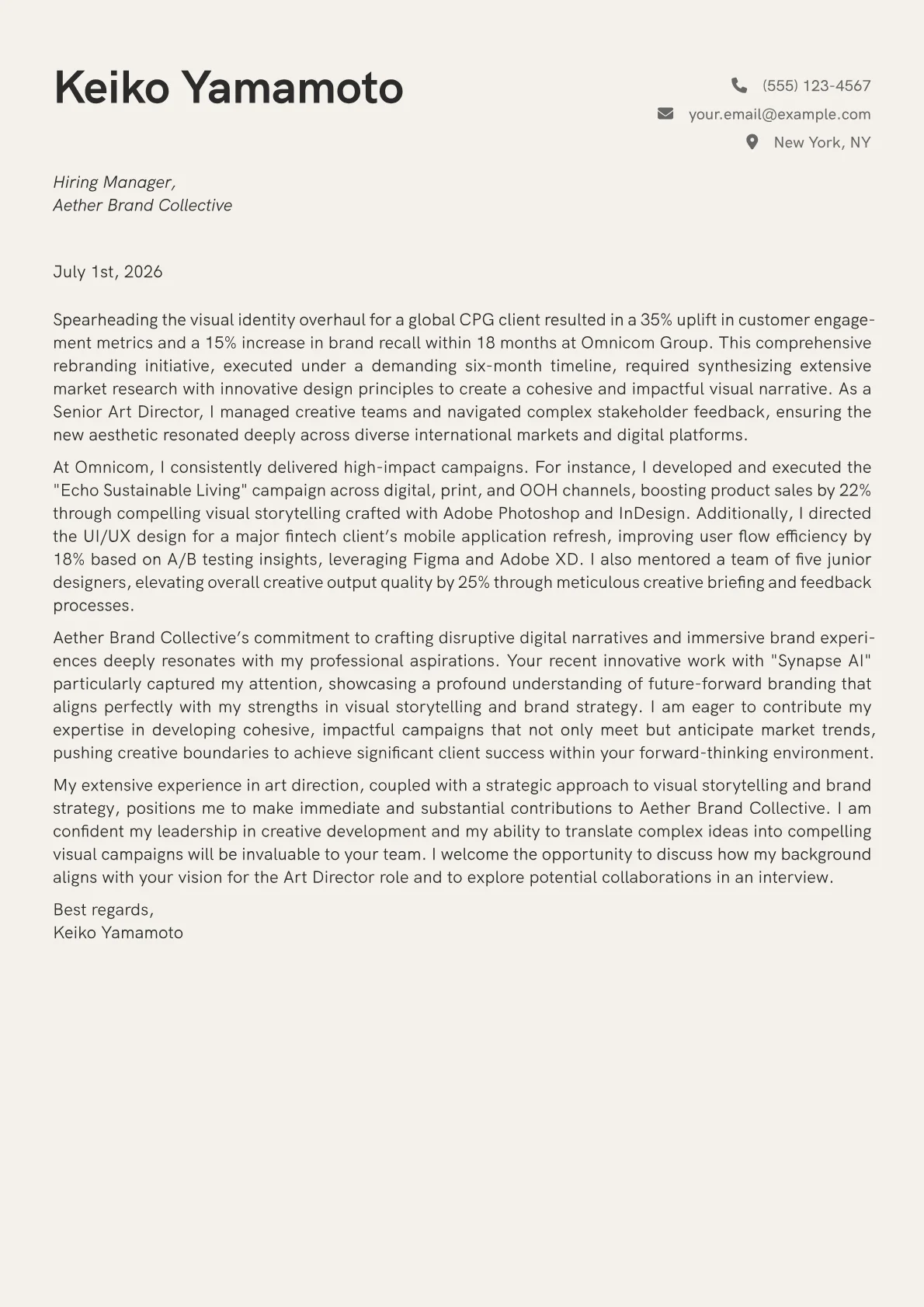Art Director cover letter formatted with a JobSprout template