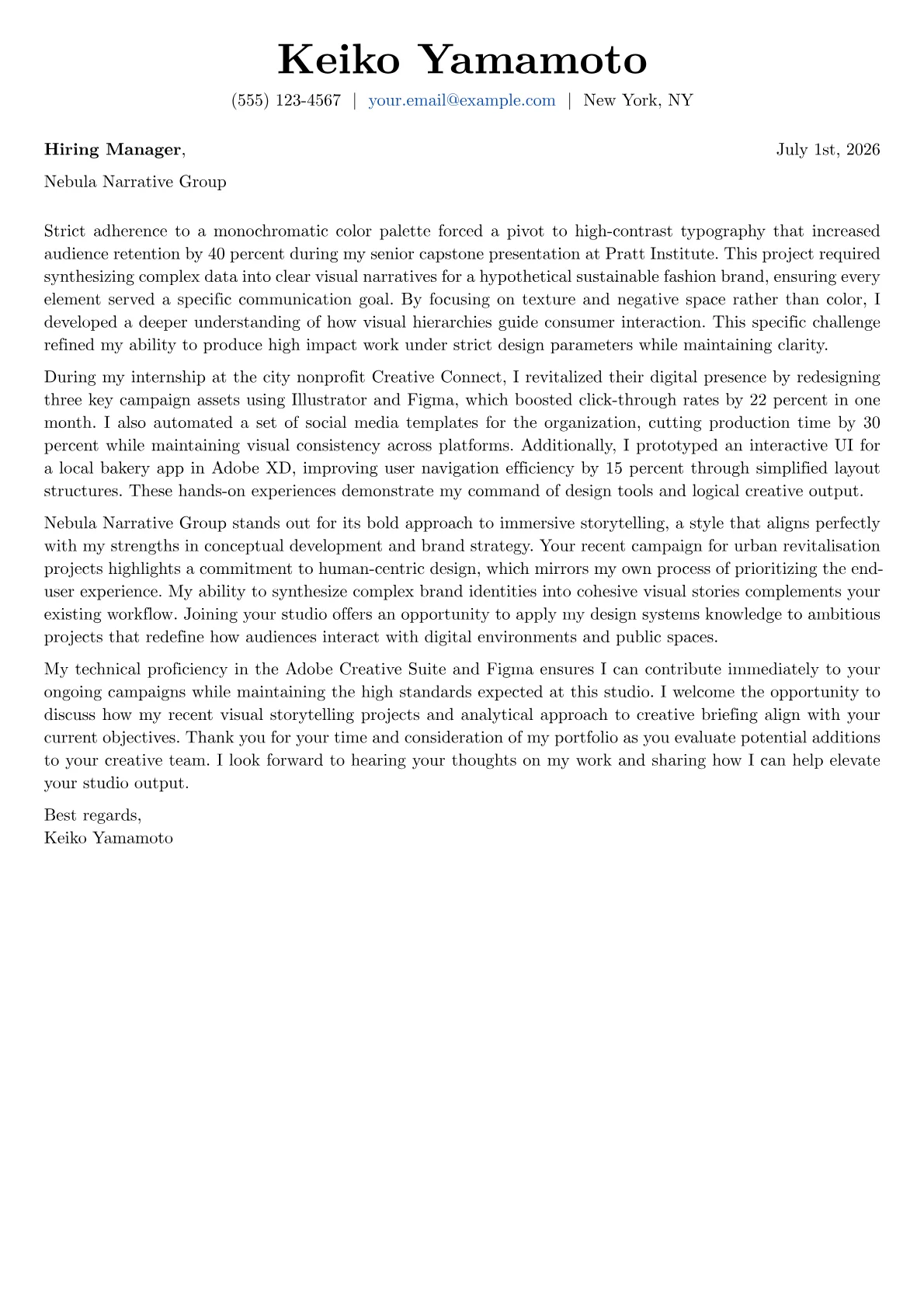 Art Director cover letter in the Basic design