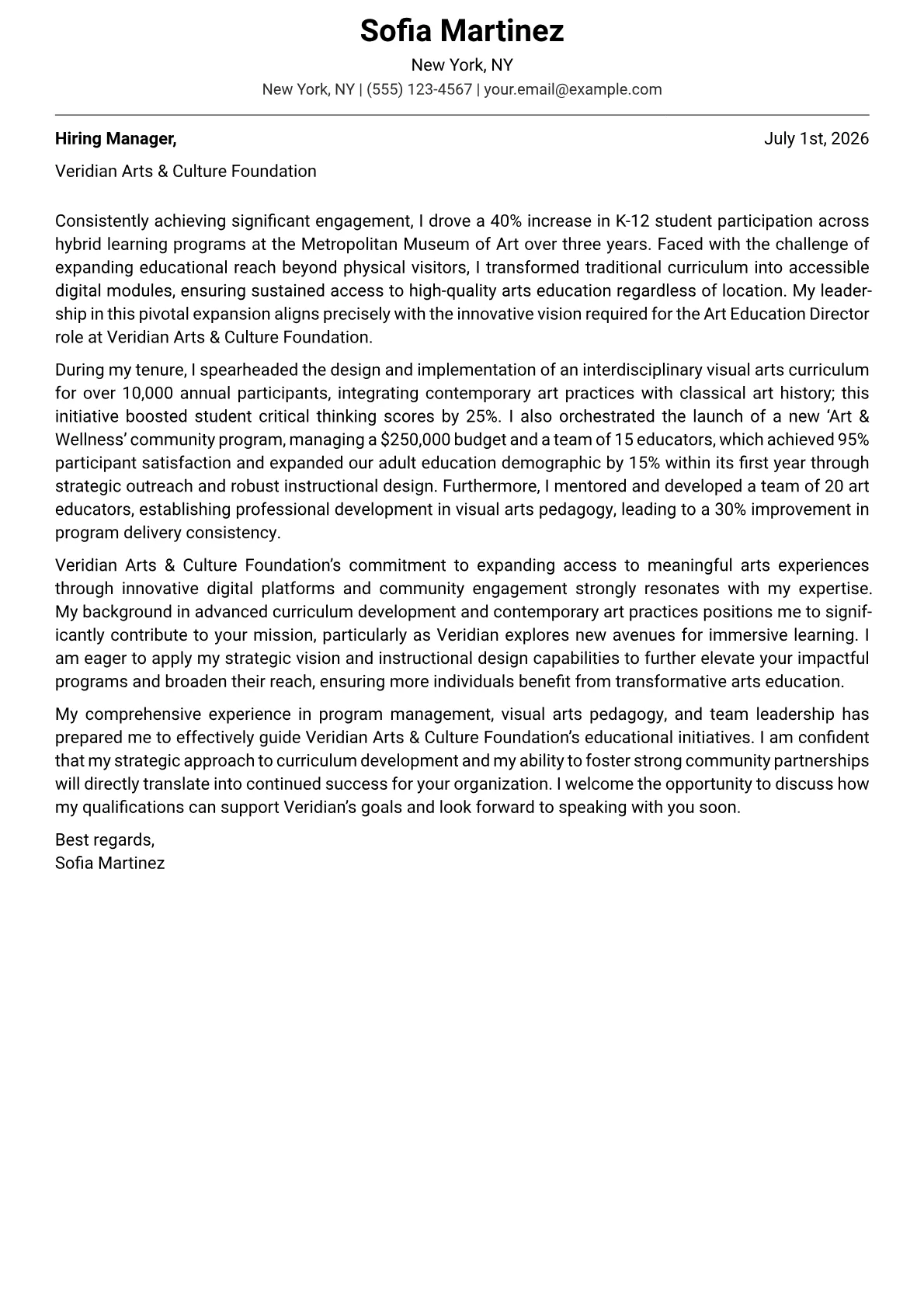 Art Education Director cover letter formatted with a JobSprout template