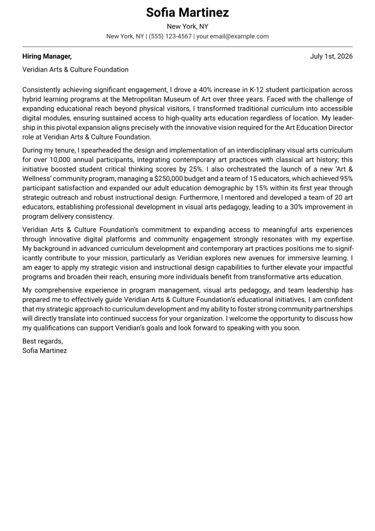 Art Education Director cover letter example preview