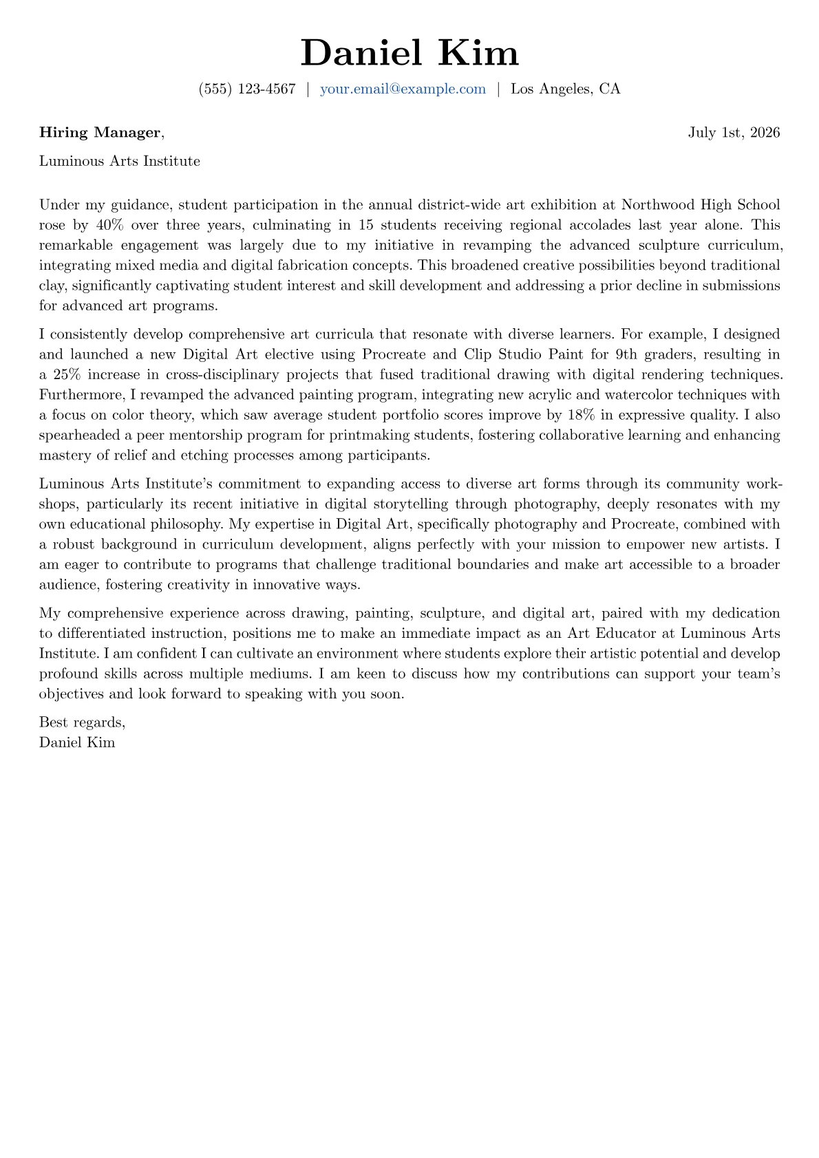 Art Educator cover letter formatted with a JobSprout template