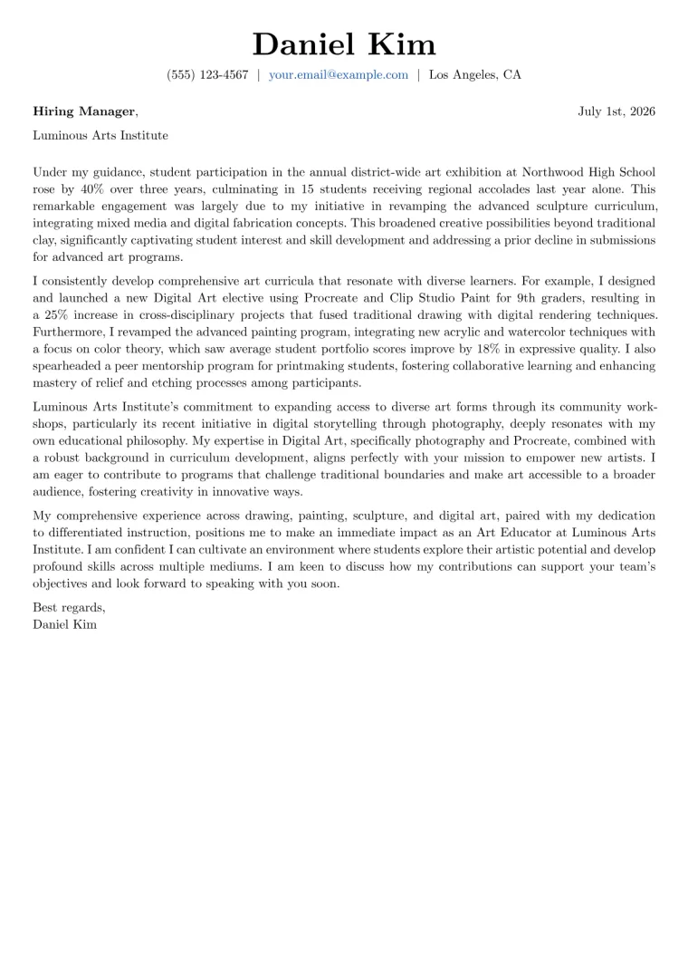 Art Educator Cover Letter Example
