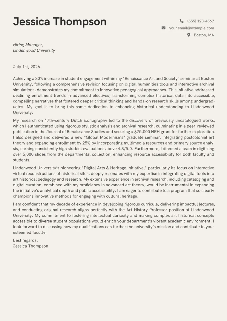 Art History Professor cover letter example preview