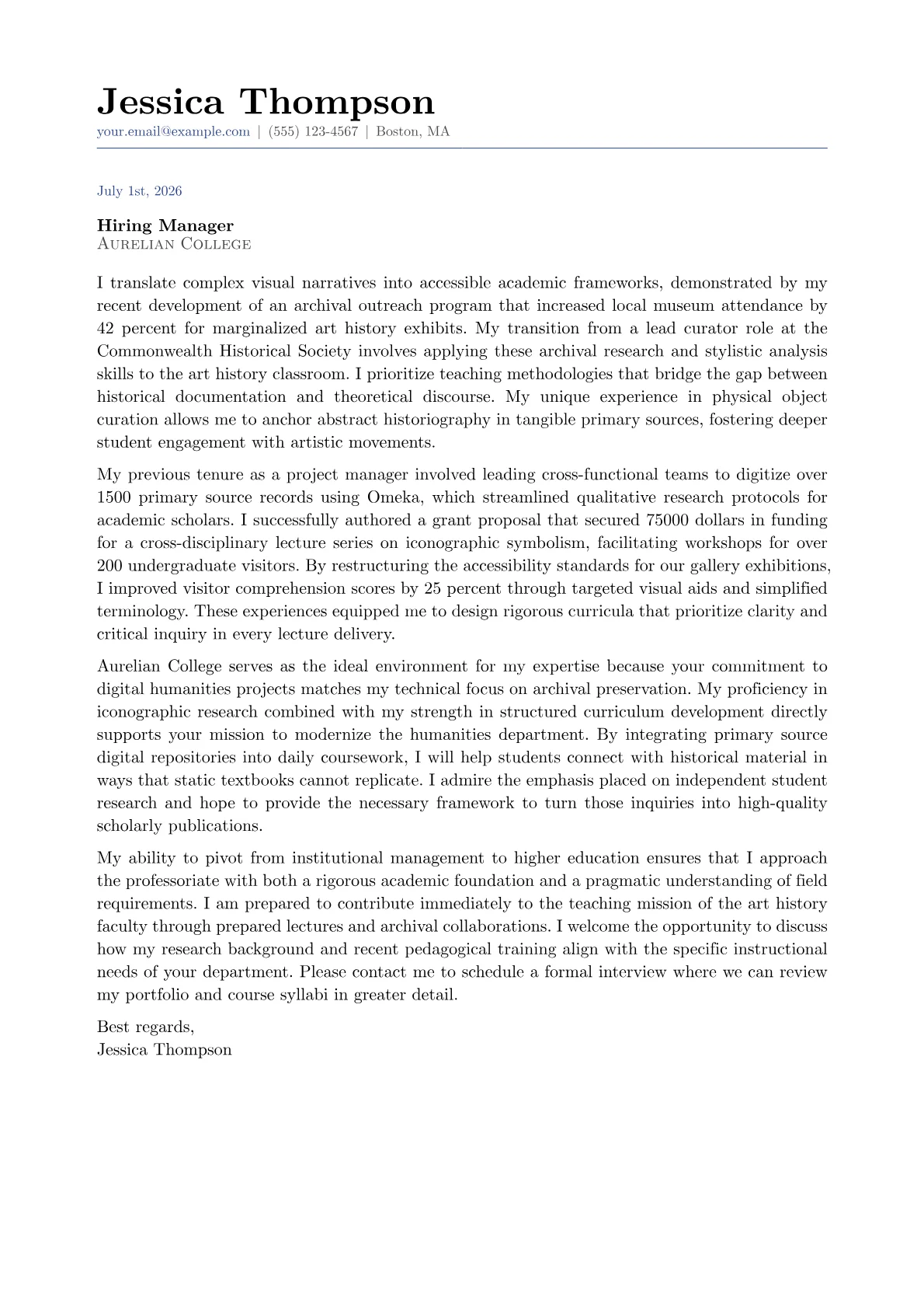 Art History Professor cover letter in the Classic design