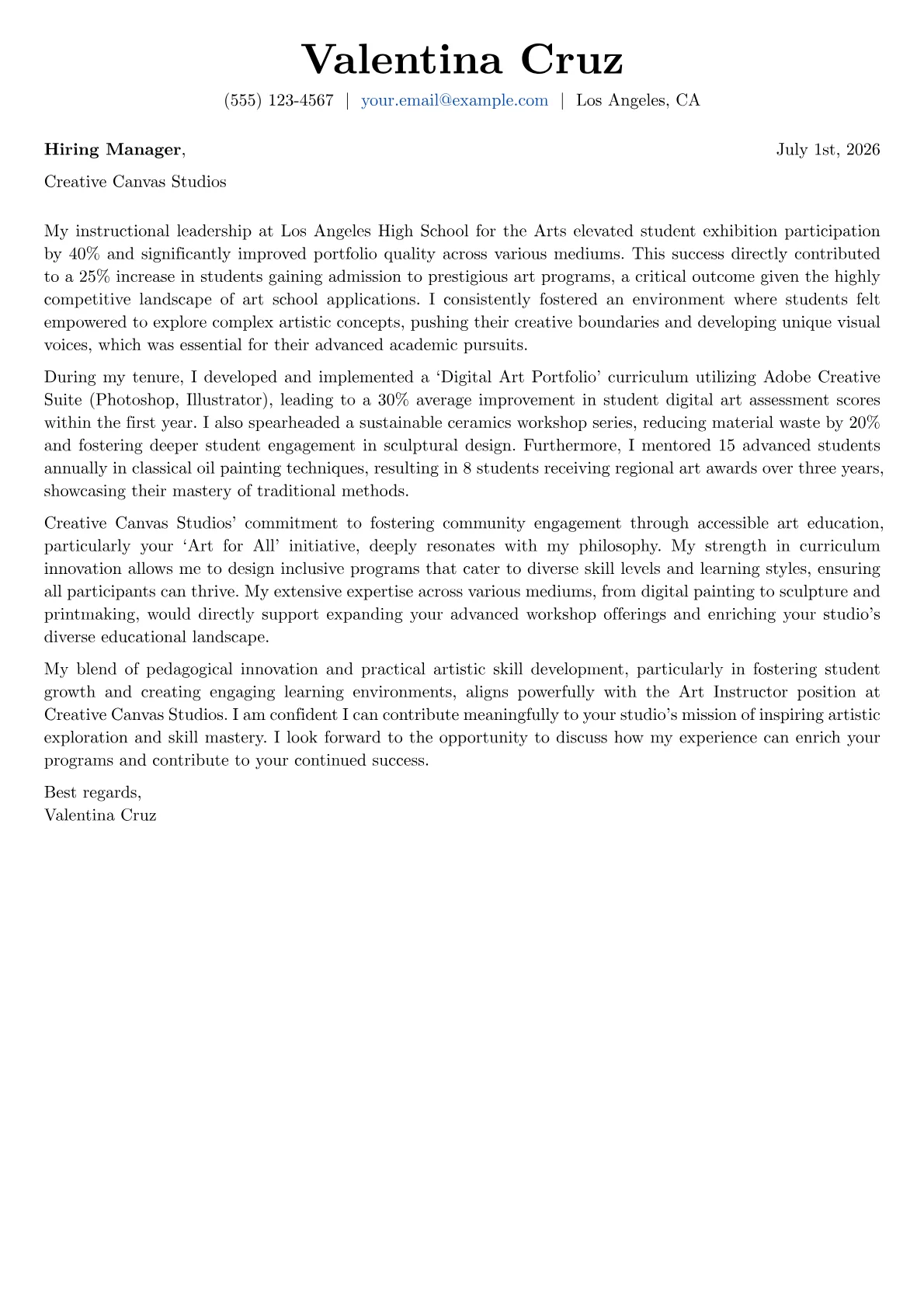 Art Instructor cover letter formatted with a JobSprout template
