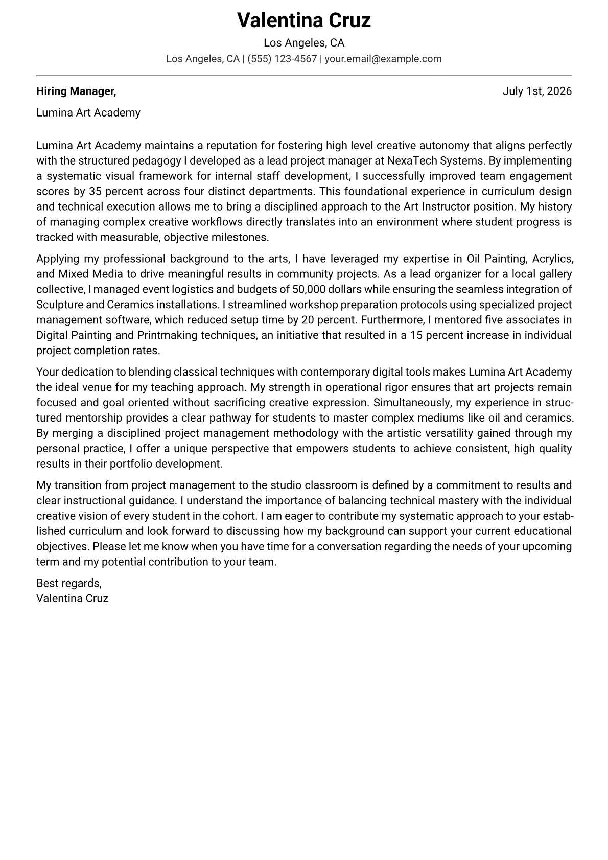 Art Instructor cover letter in the Modern design