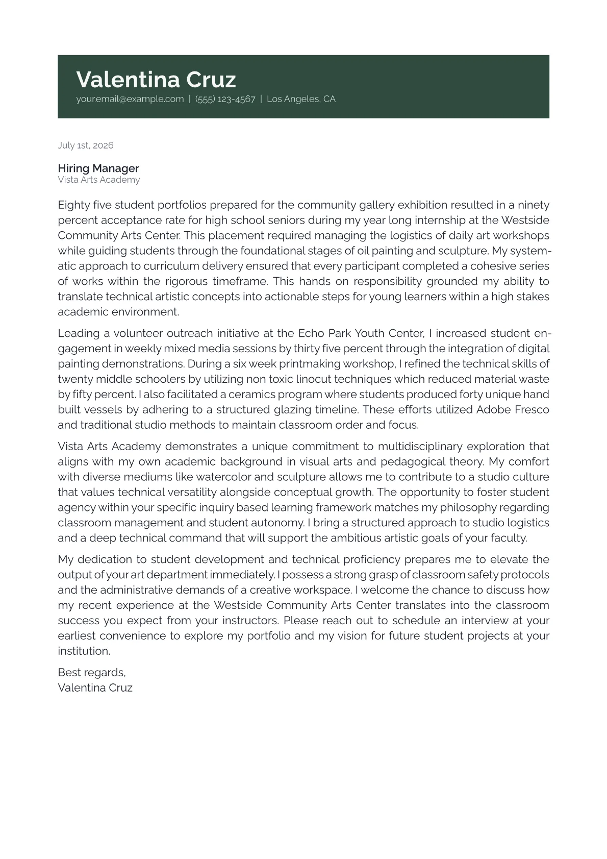 Art Instructor cover letter in the Banner design