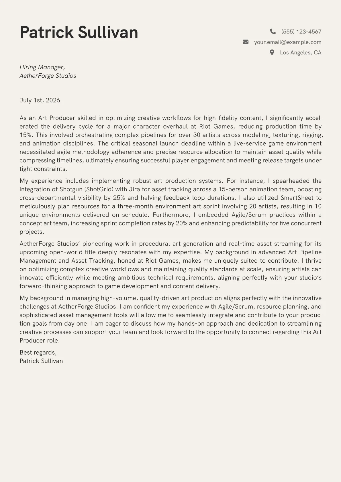 Art Producer cover letter formatted with a JobSprout template