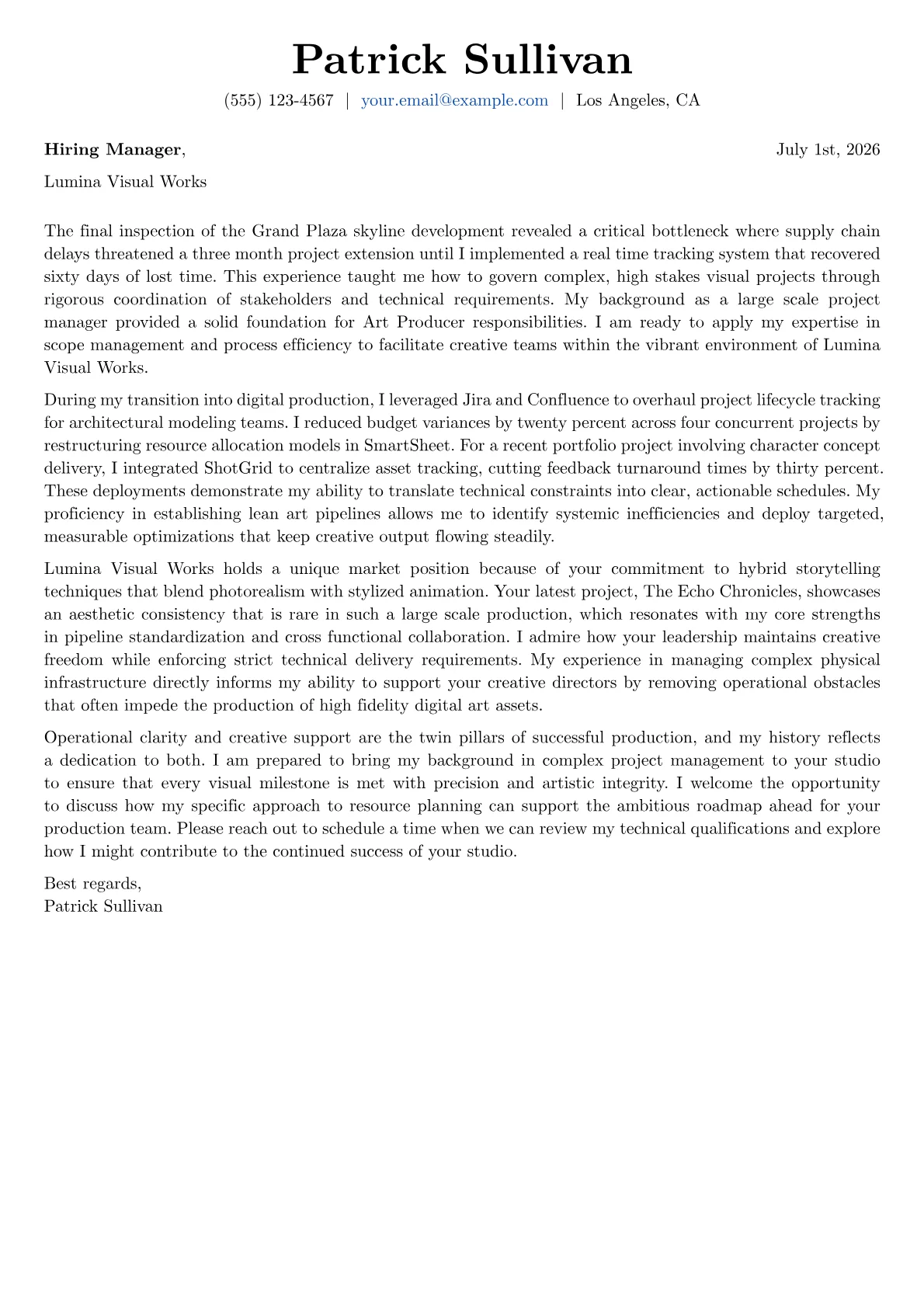 Art Producer cover letter in the Basic design