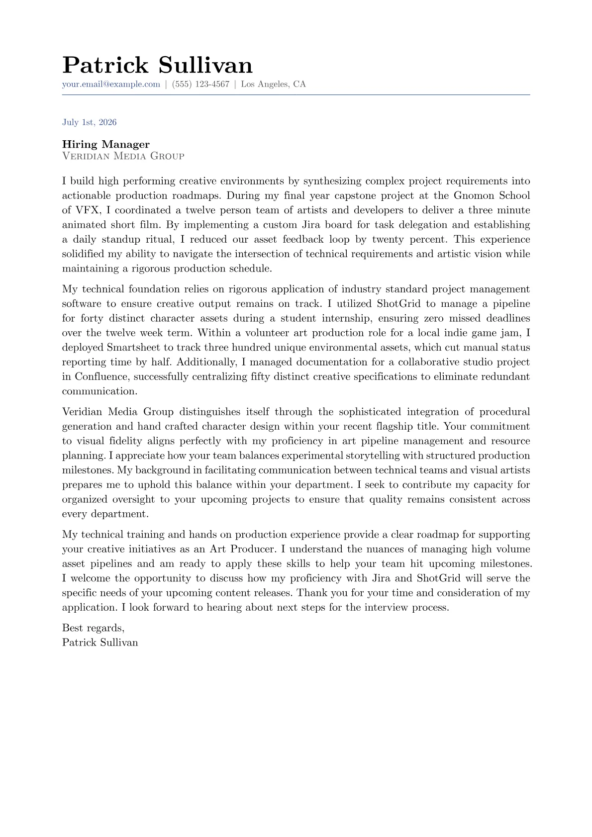 Art Producer cover letter in the Classic design