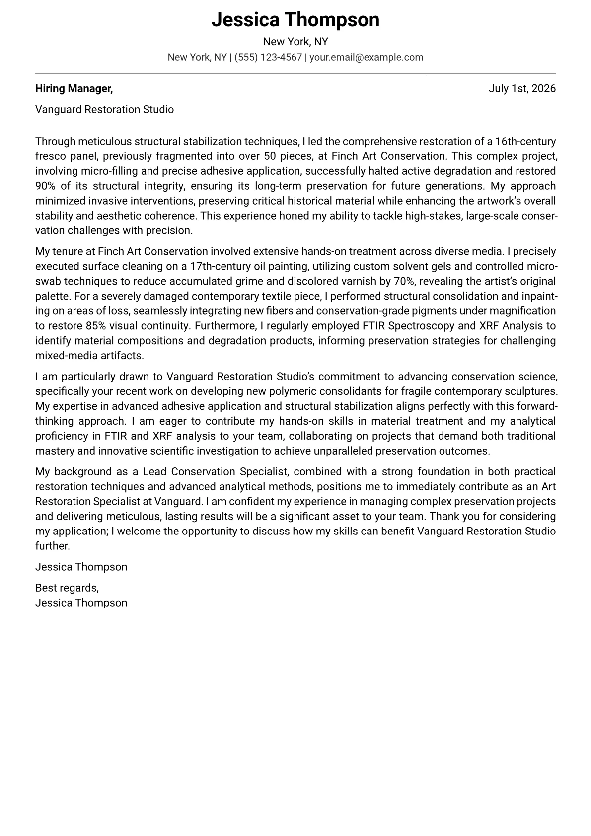 Art Restoration Specialist cover letter formatted with a JobSprout template