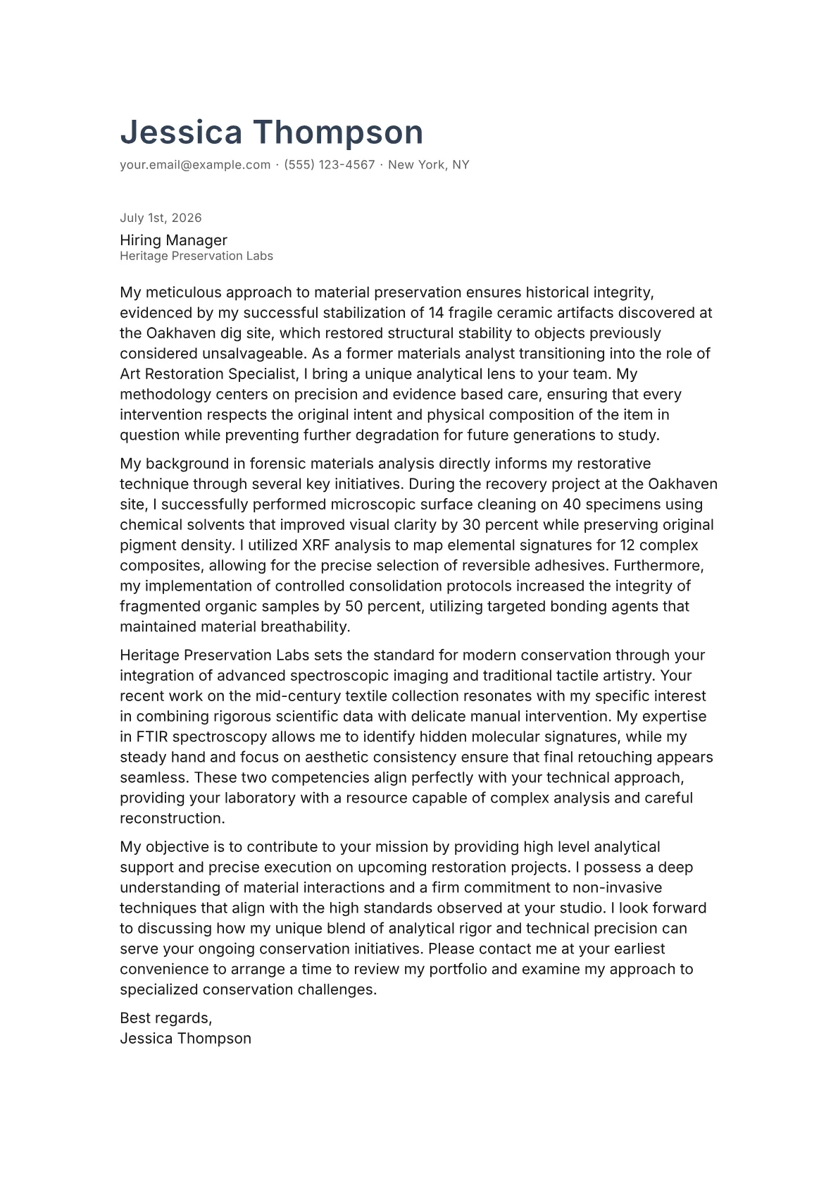 Art Restoration Specialist cover letter in the Minimal design
