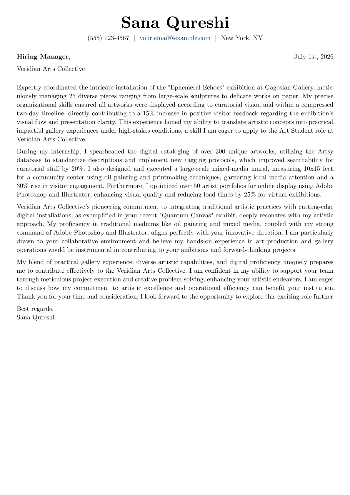 Art Student cover letter formatted with a JobSprout template