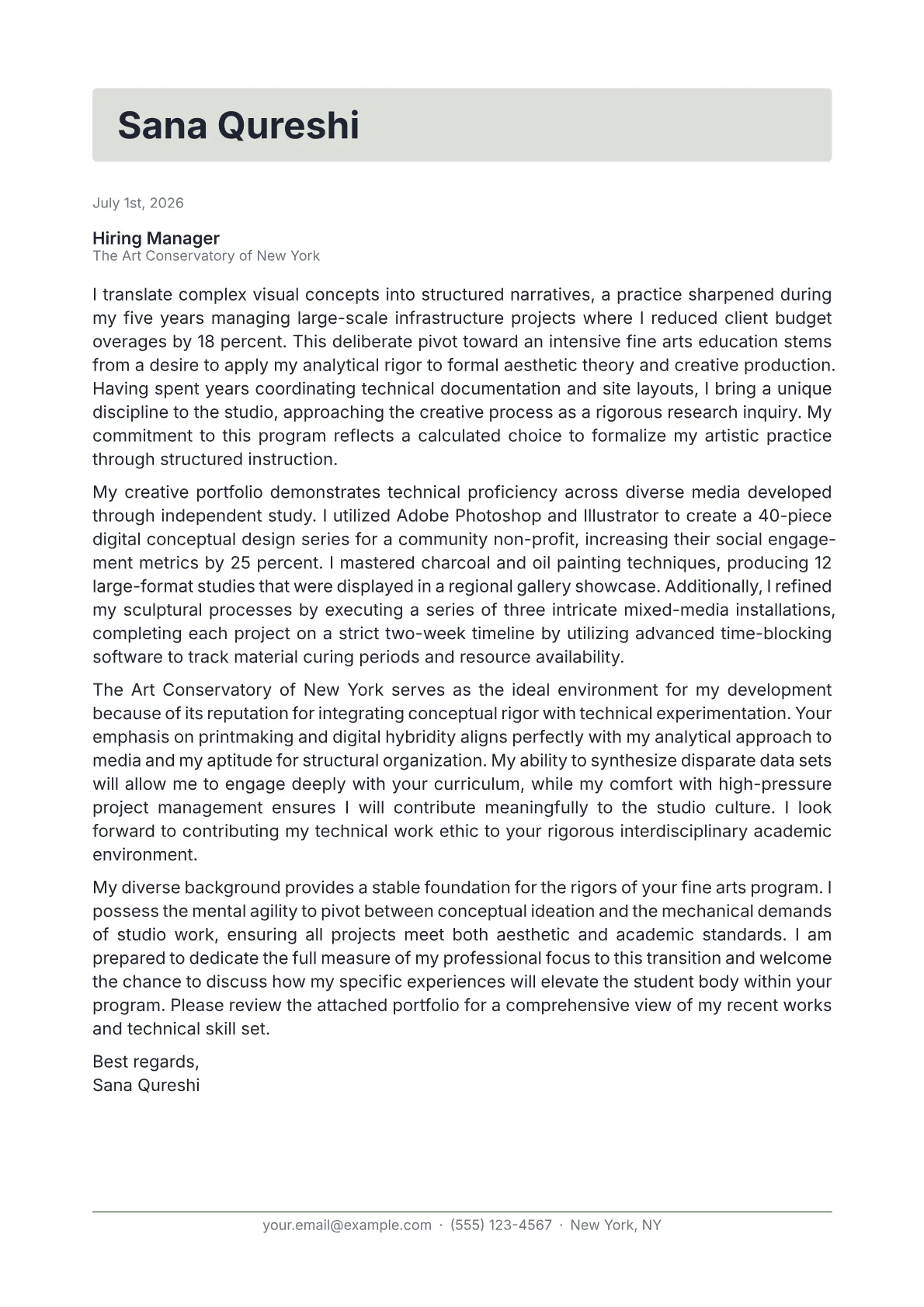 Art Student cover letter in the Letterhead design