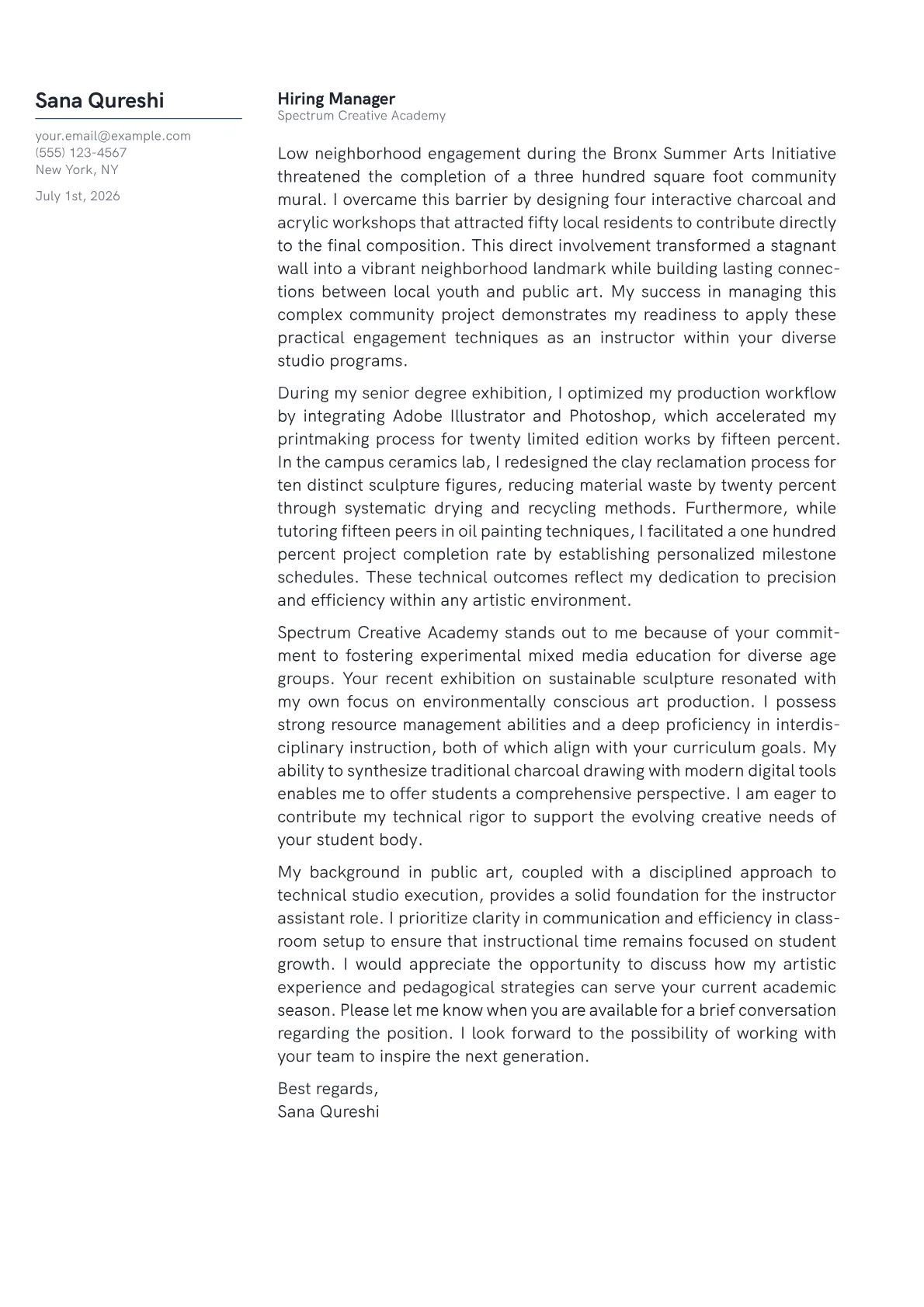 Art Student cover letter in the Margin design