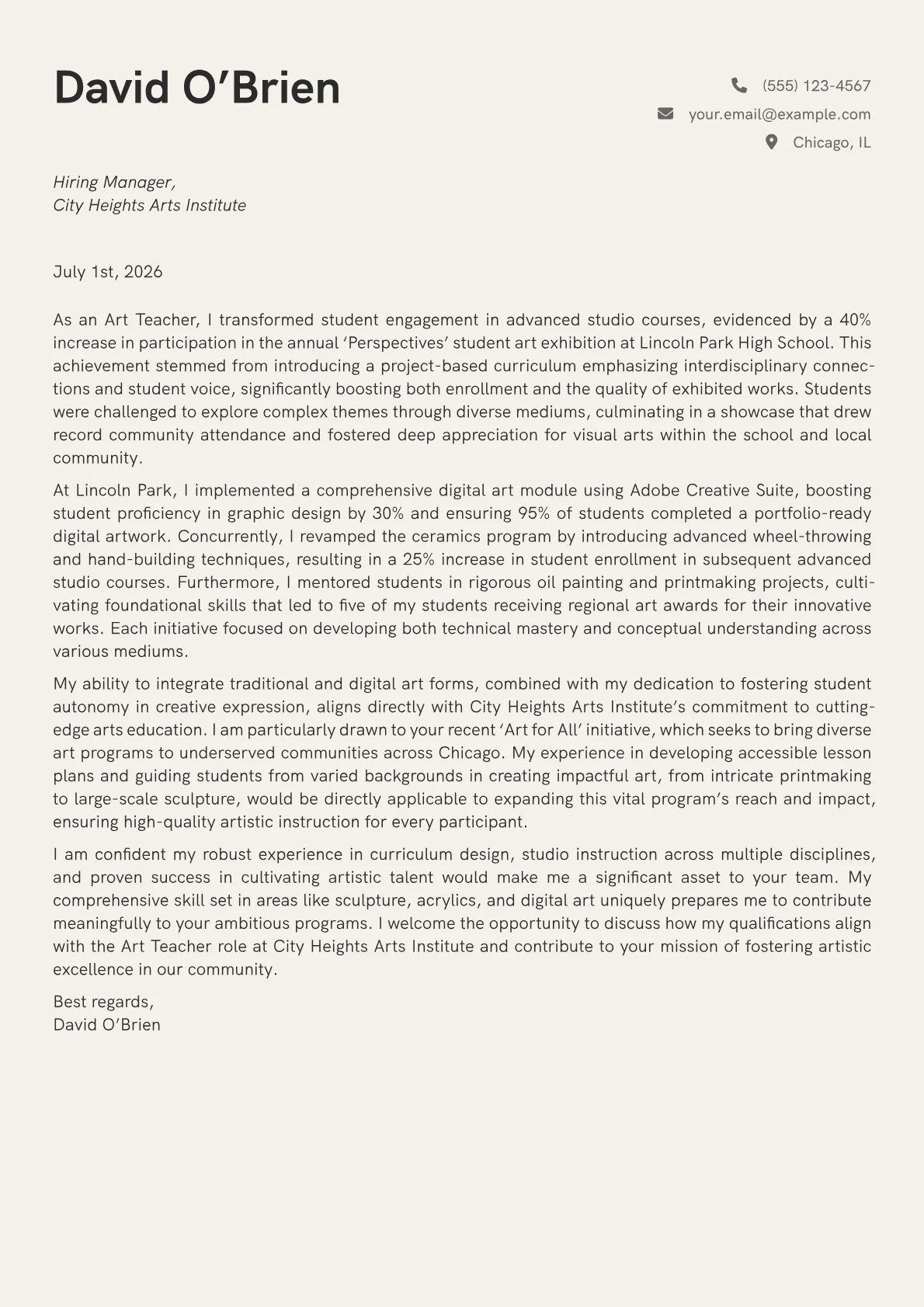 Art Teacher cover letter formatted with a JobSprout template