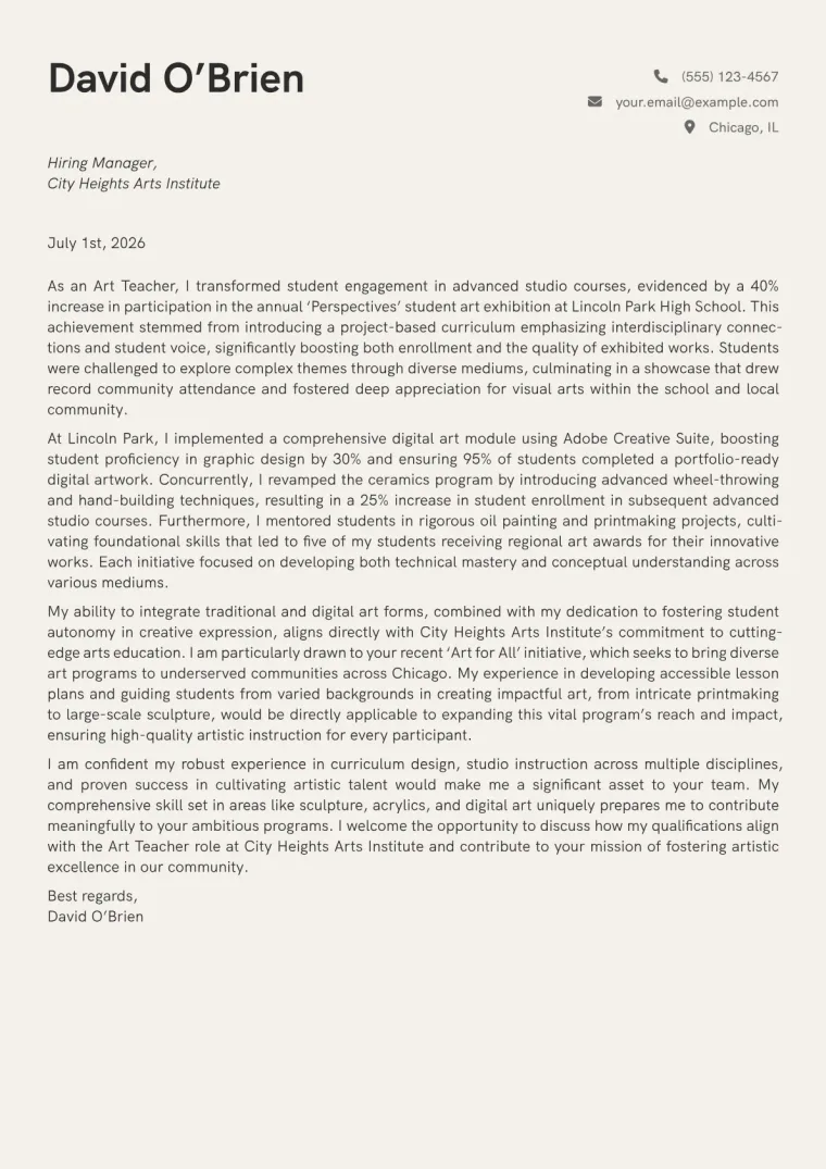 Art Teacher Cover Letter Example