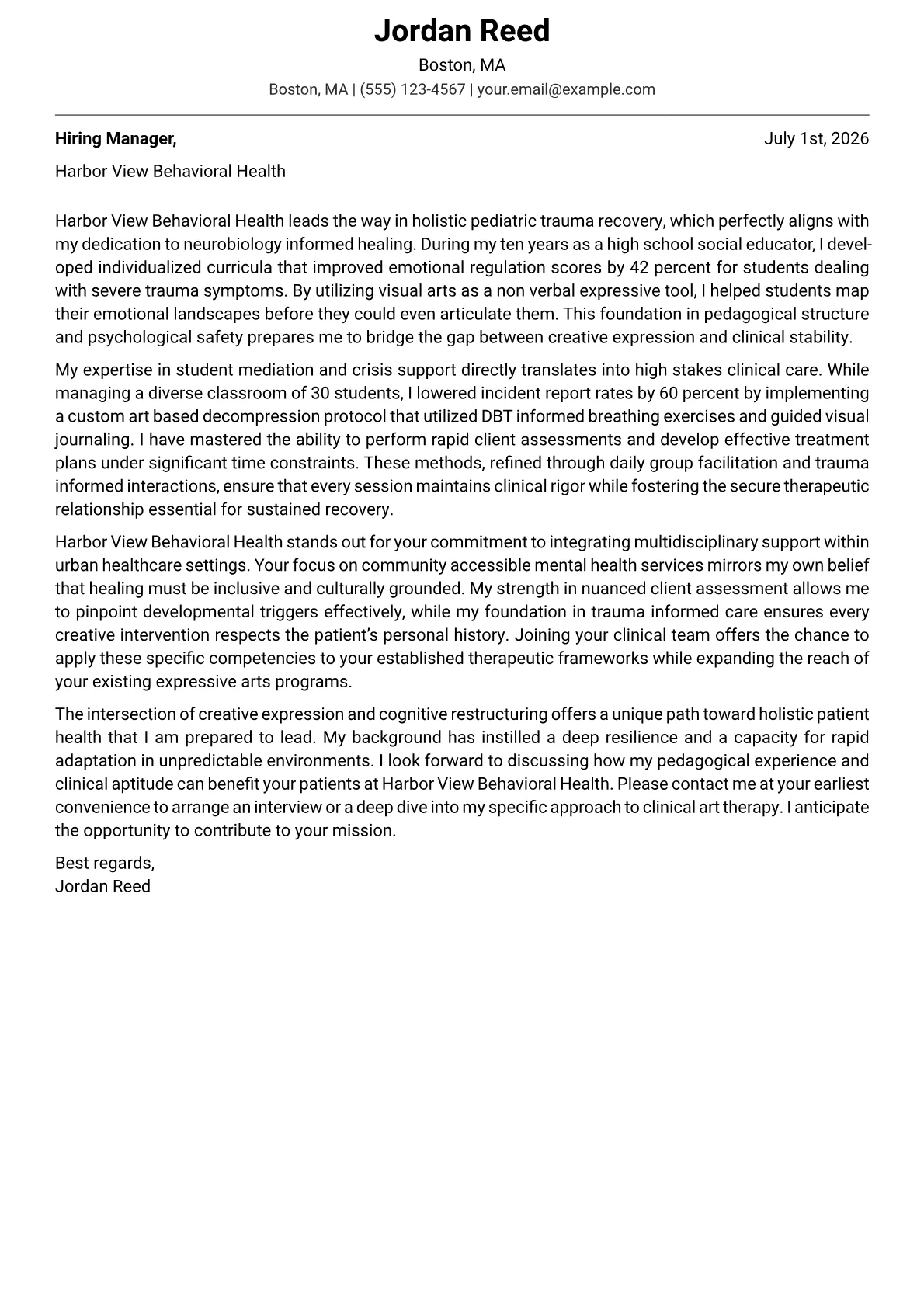 Art Therapist cover letter in the Modern design