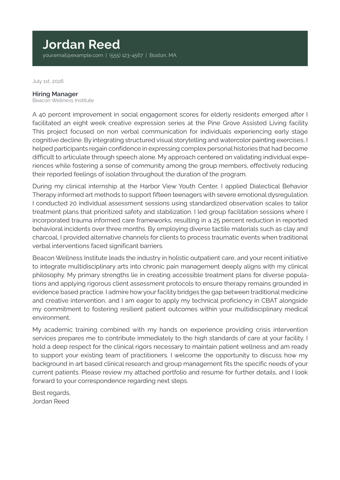 Art Therapist cover letter in the Banner design