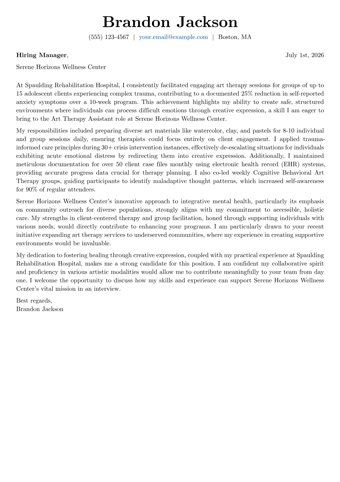 Art Therapy Assistant cover letter formatted with a JobSprout template
