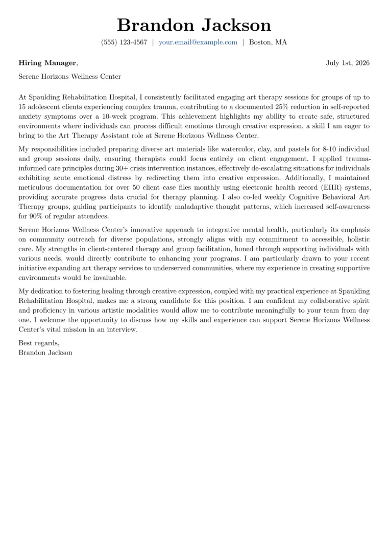 Art Therapy Assistant cover letter example preview