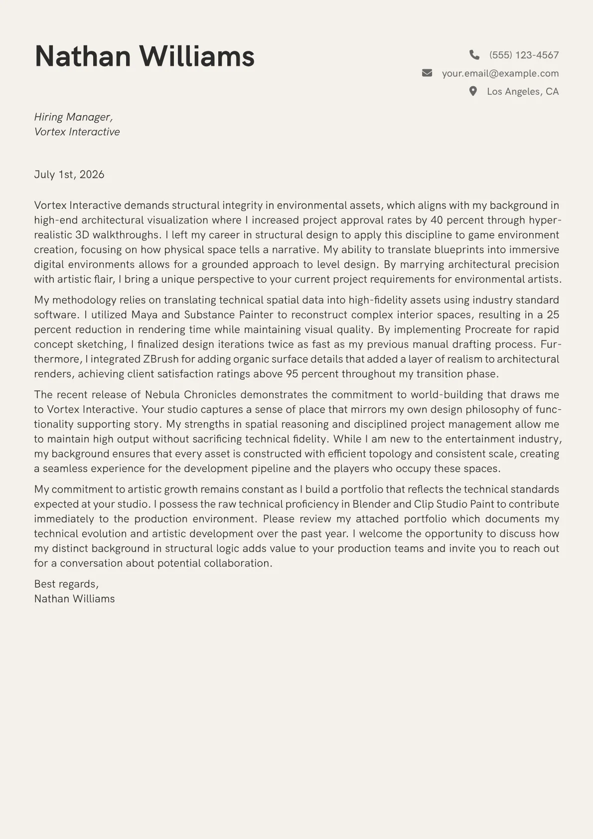 Artist cover letter in the Creative design