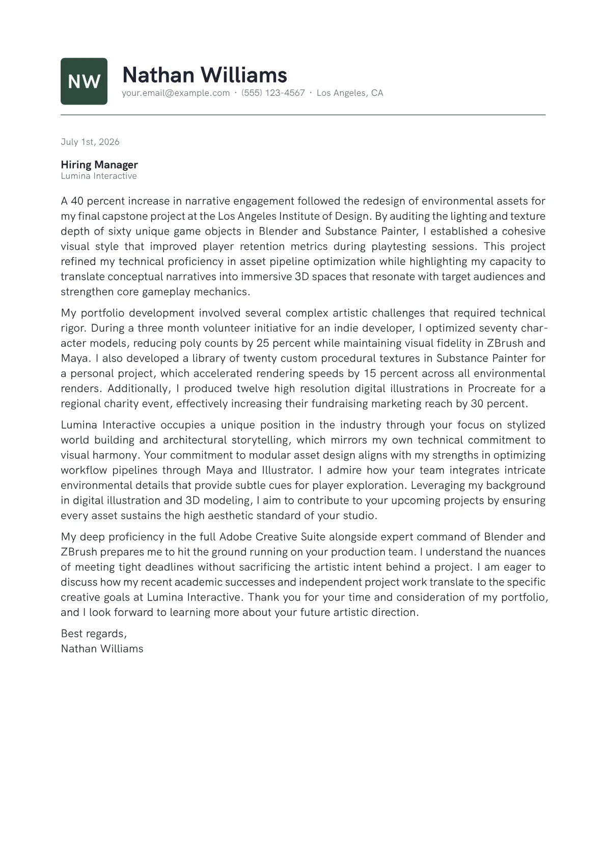 Artist cover letter in the Emblem design