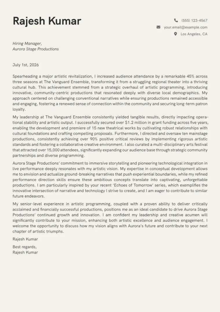 Artistic Director Cover Letter Example
