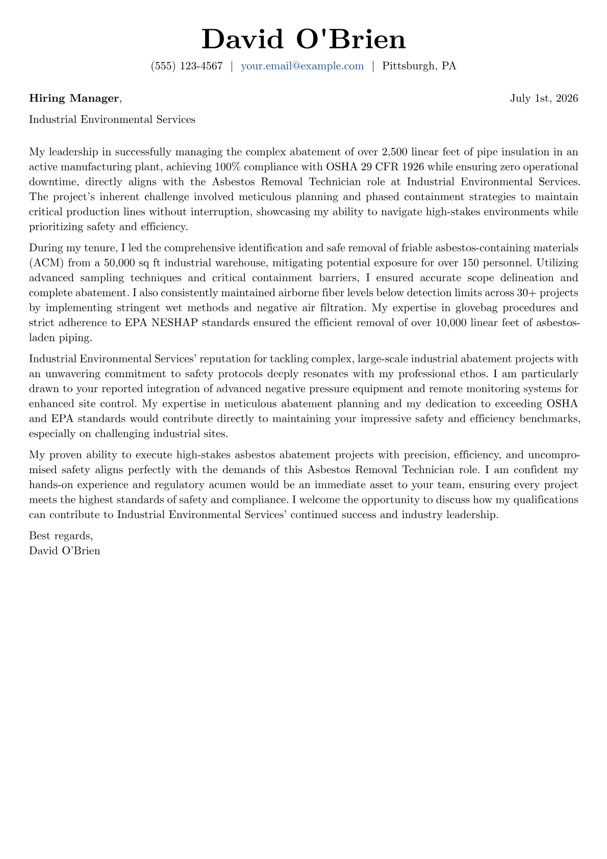 Asbestos Removal Technician cover letter formatted with a JobSprout template