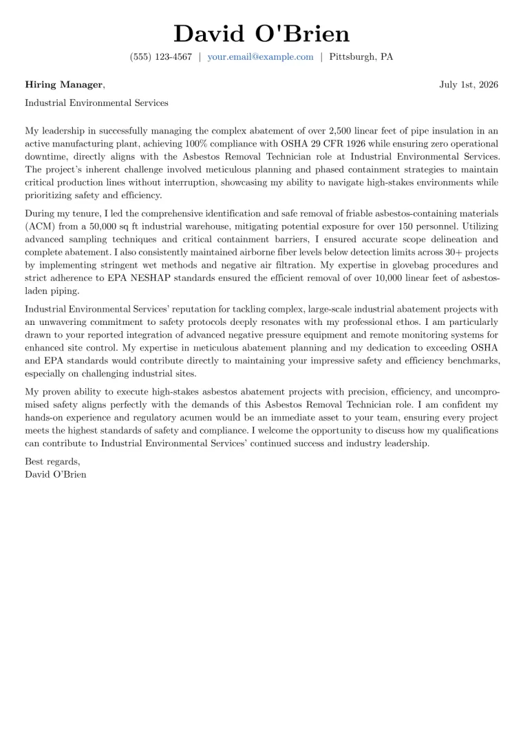 Asbestos Removal Technician cover letter example preview